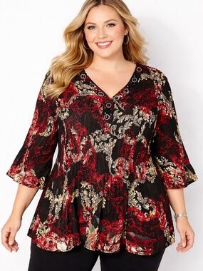 Catherines Bejeweled Crinkle Top Sz 3X Black Red